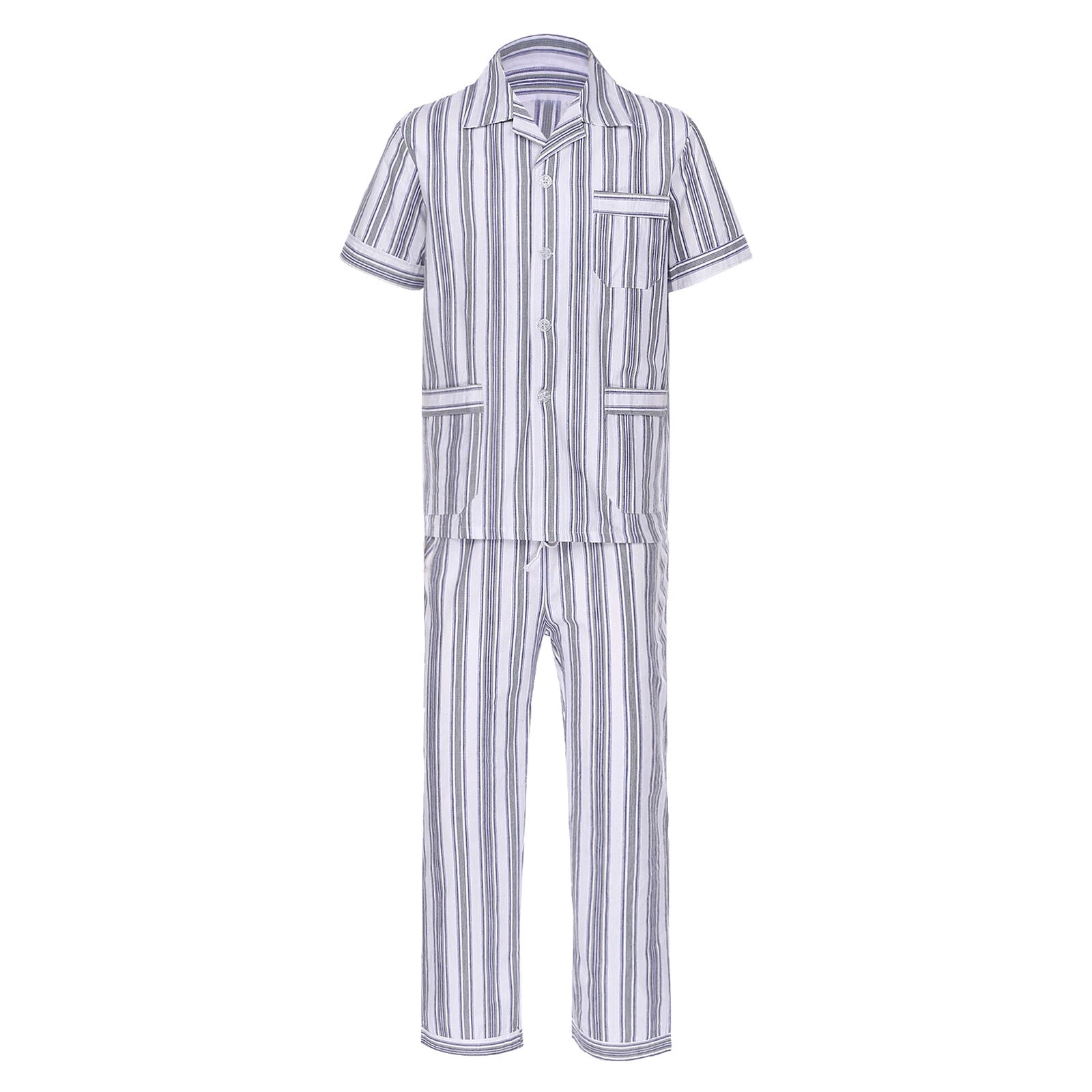 Mens Pajama Set Button Down Sleepwear Shirt Homewear Striped Nightgown Pockets