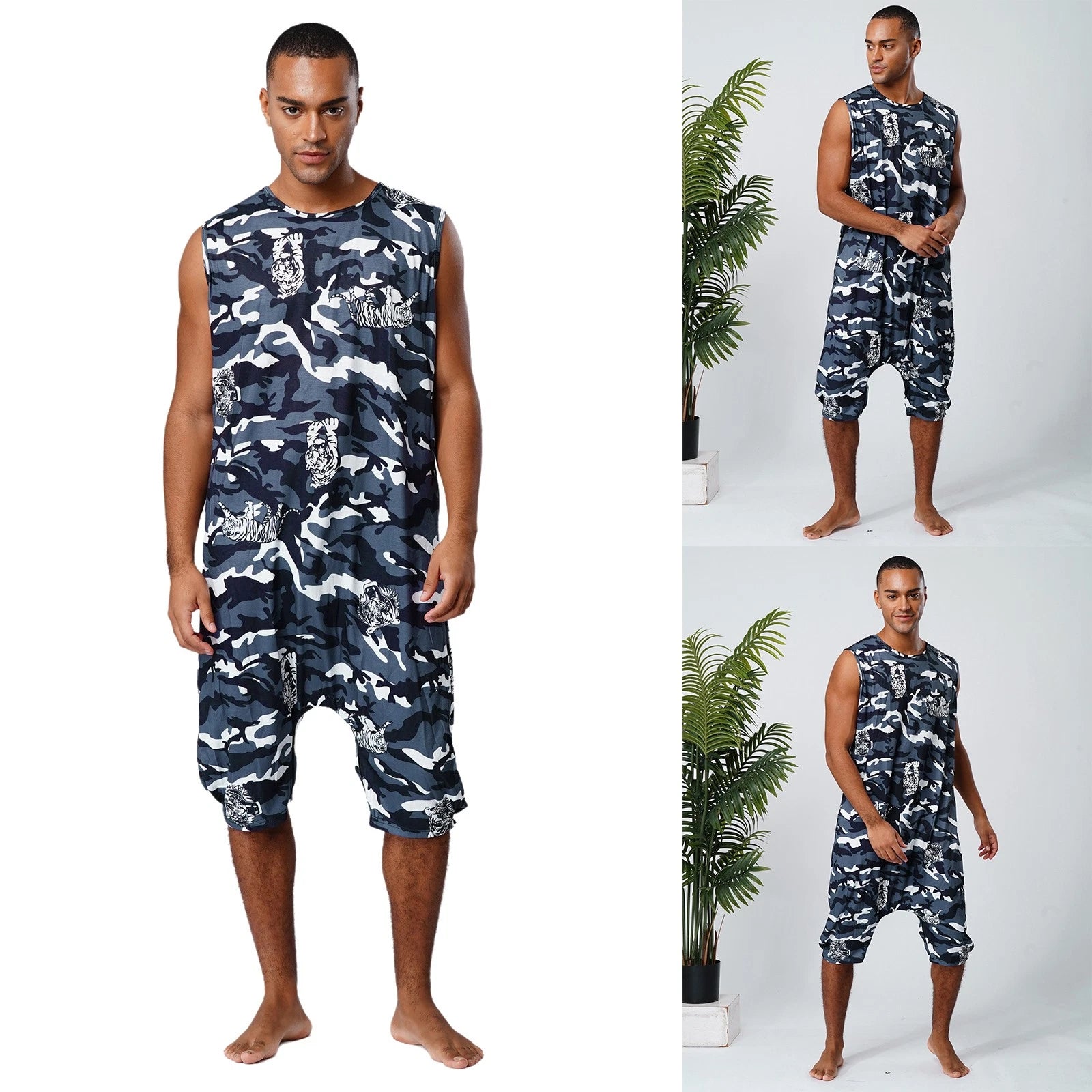Men's Loose Romper Pajamas Jumpsuit Sleepwear Zipper Crotch One Piece Bodysuit