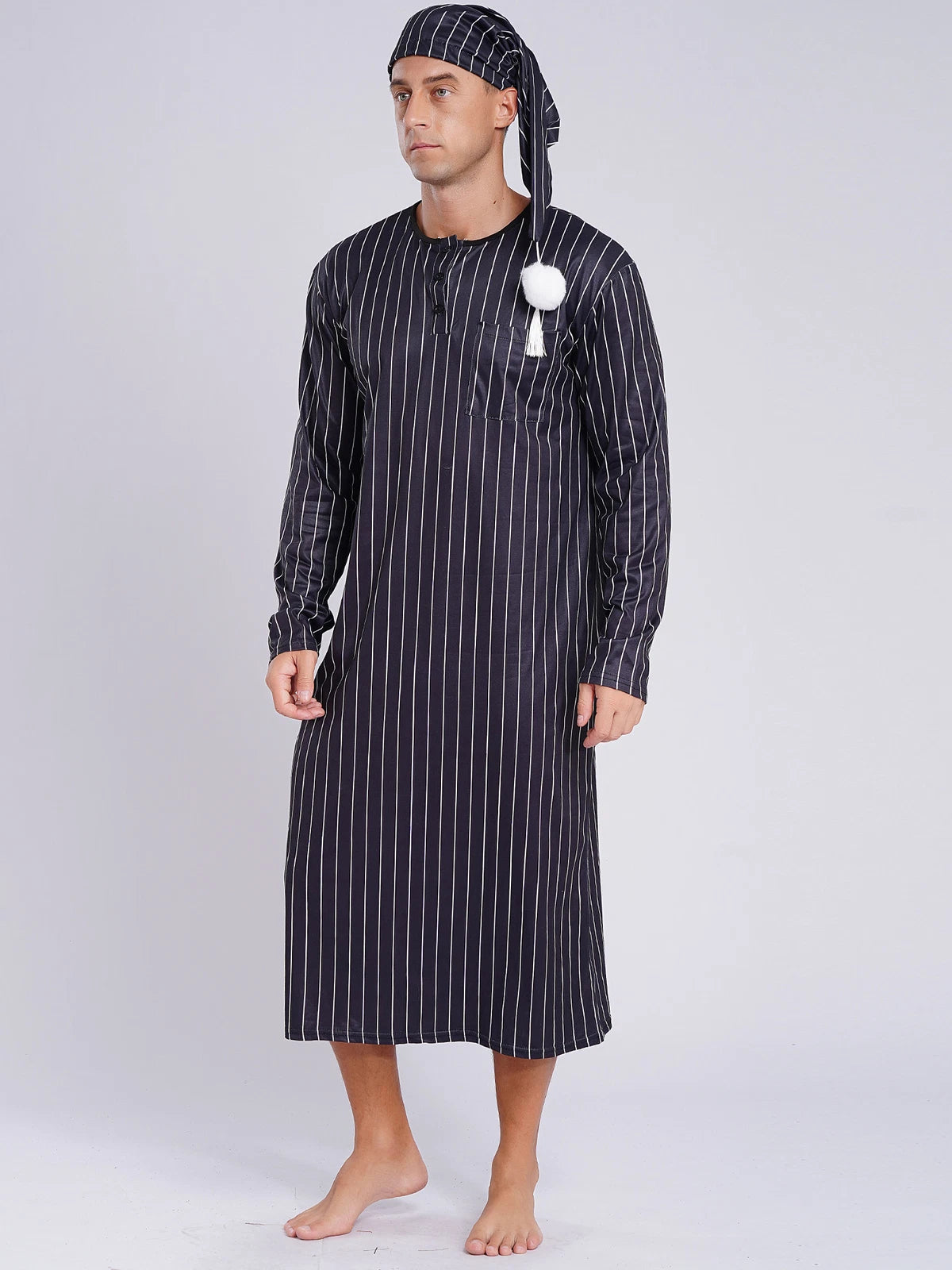 Men's Sissy Nightwear Loose Striped Robe Long Sleeve Nightshirt Cap Pajama Sets