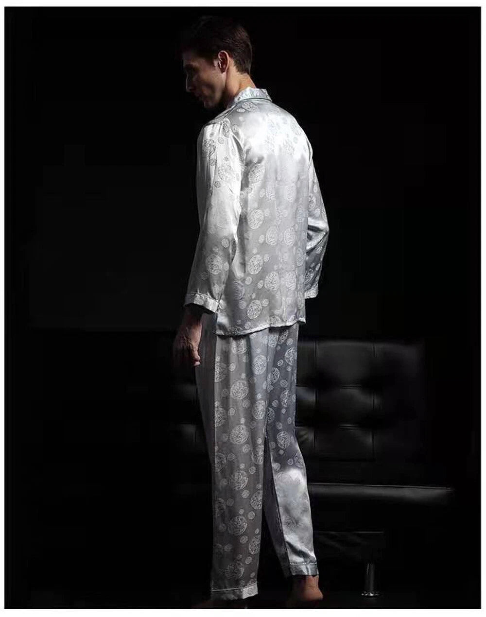Men's 100% Mulberry Silk Pajamas Set Long Sleeves Silk Sleepwear S M L