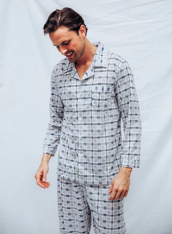 Mens Blue Grey Checks Long Sleeve Lightweight Cotton Long Pjs Pyjama Set