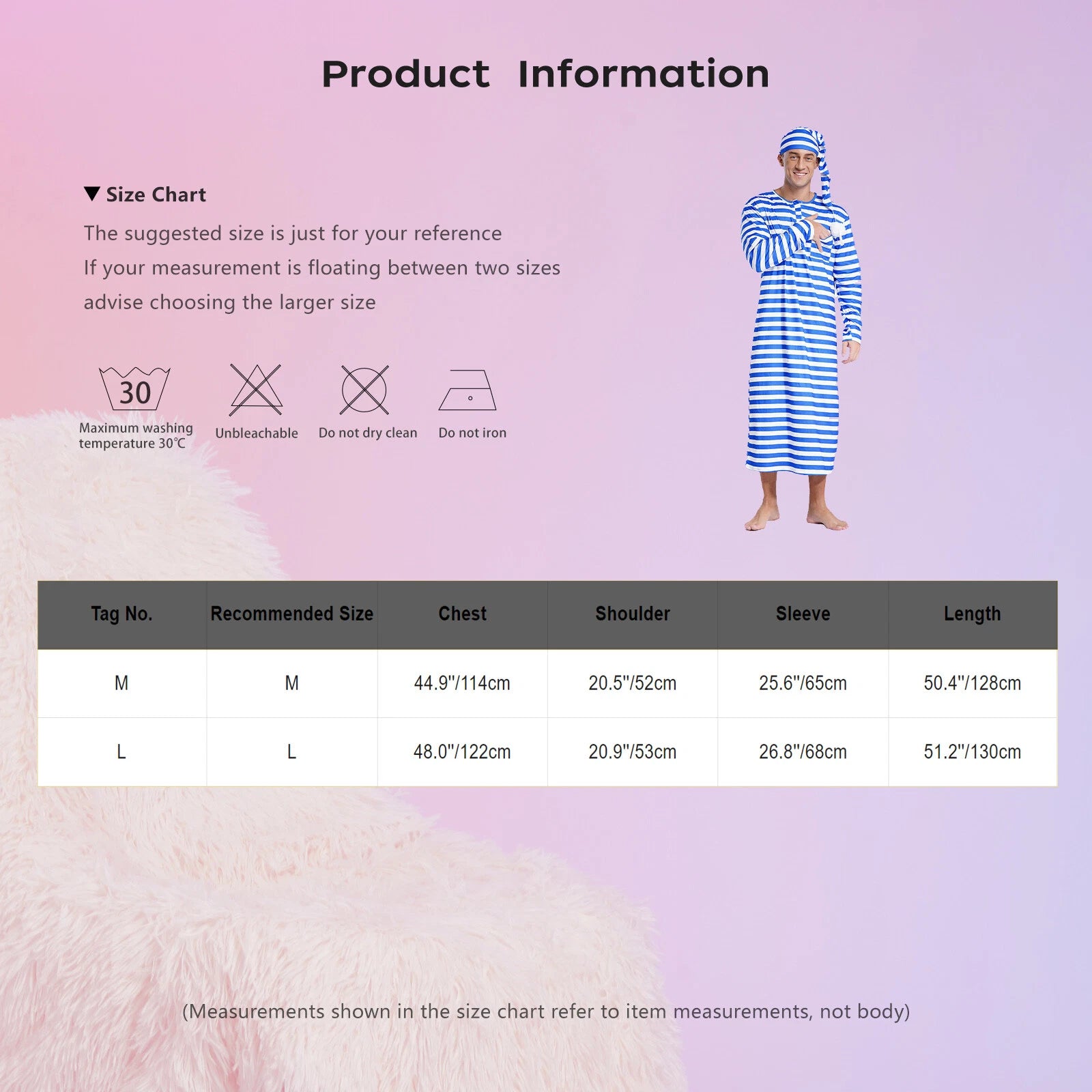 Men's Nightshirt Striped Loose Sleepwear Night Pajama Set Robe with Sleeping Cap