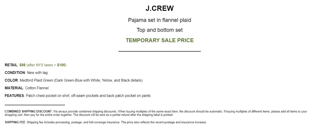 JCREW pajama set pants shirt flannel cotton green white check plaid tartan NWT