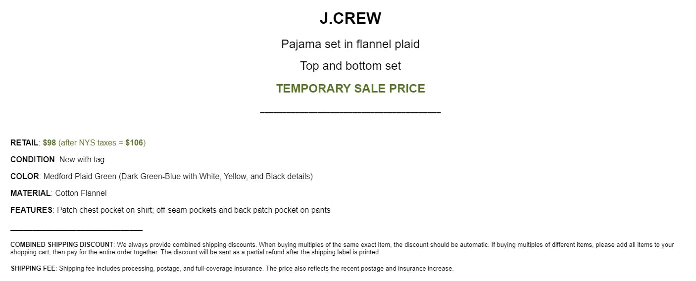 JCREW pajama set pants shirt flannel cotton green white check plaid tartan NWT