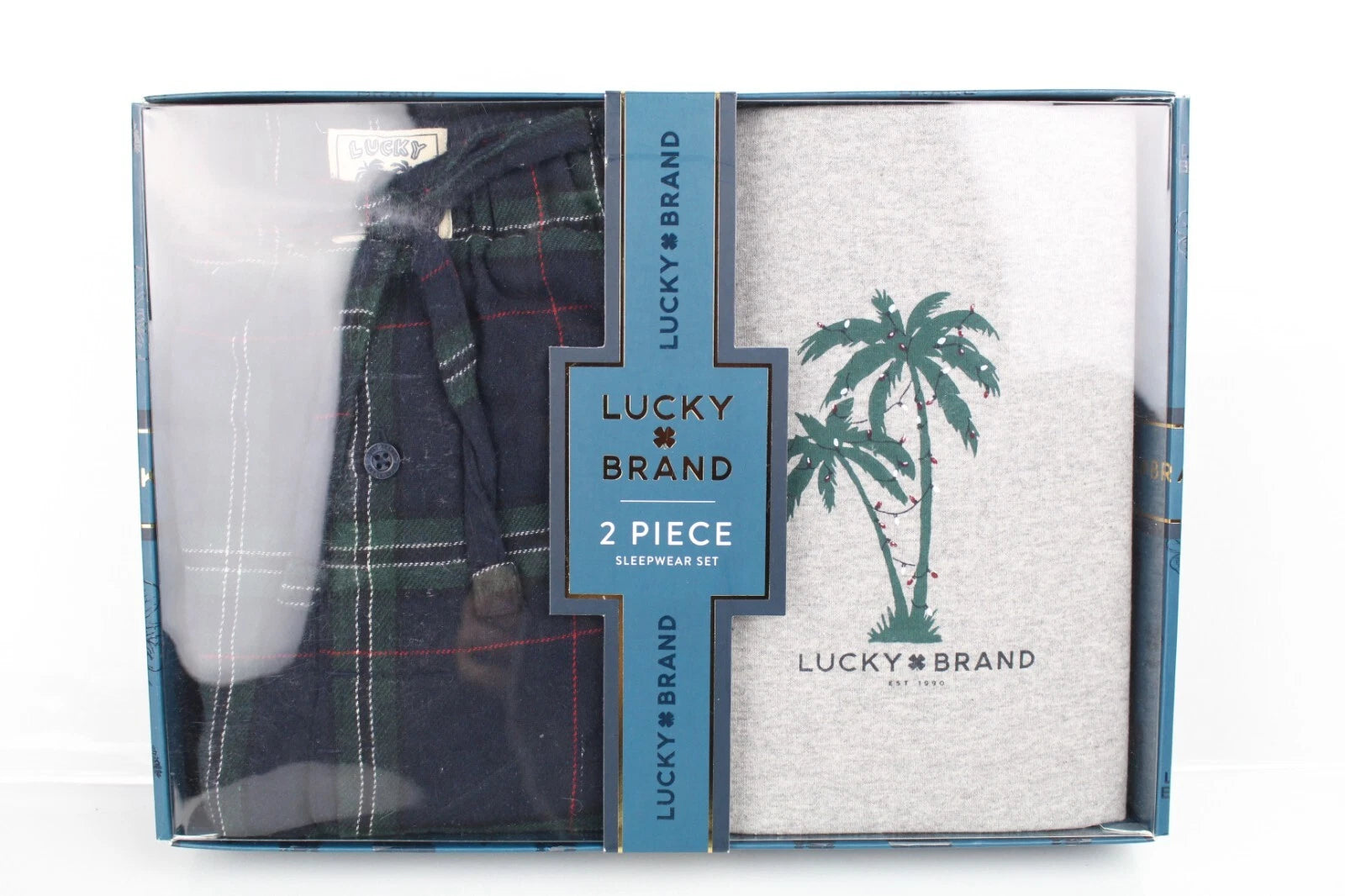 Lucky Brand Men's Pajama Set Christmas Palm Tree Long Sleeve Henley Flannel Pant