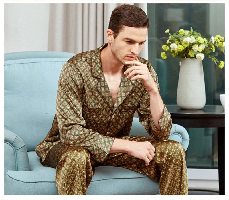 Men's 19MM Mulberry Silk Pajamas Set Print Silk Sleepwear S M L XL