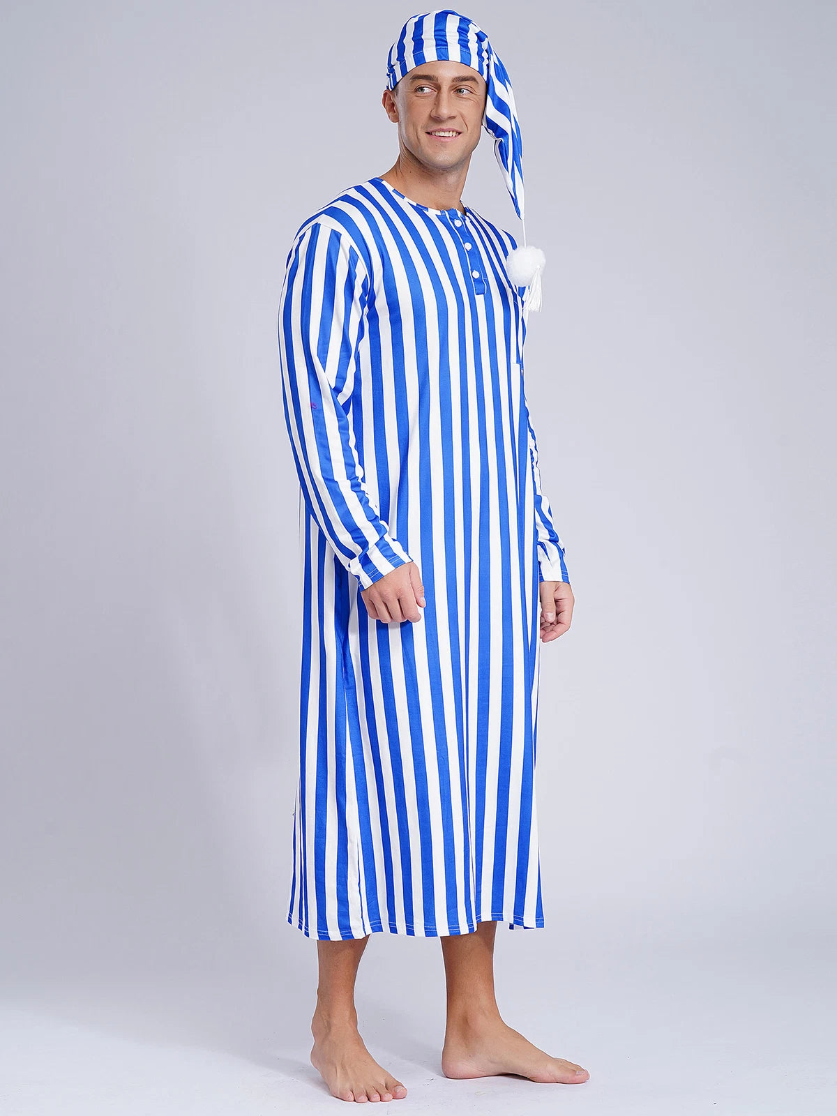 Men's Sissy Nightwear Loose Striped Robe Long Sleeve Nightshirt Cap Pajama Sets