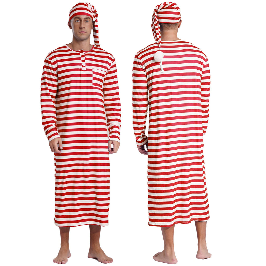 Men's Nightshirt Striped Loose Sleepwear Night Pajama Set Robe with Sleeping Cap