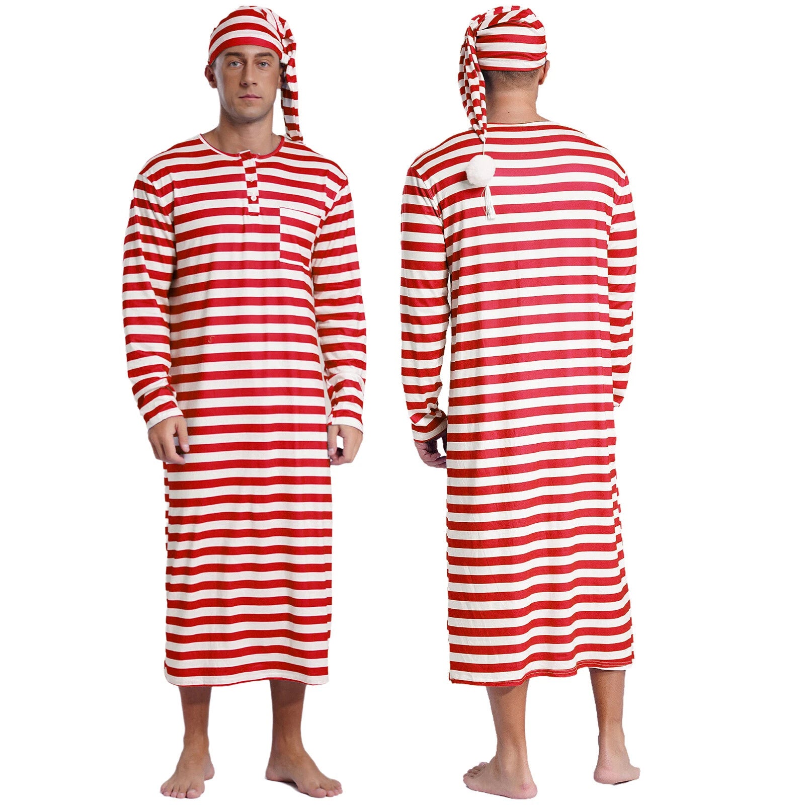 Men's Nightshirt Striped Loose Sleepwear Night Pajama Set Robe with Sleeping Cap