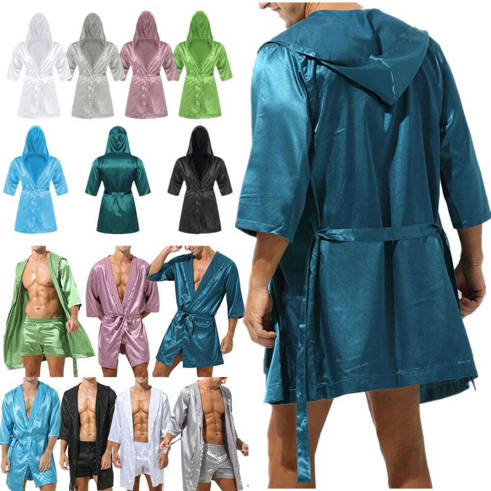 Men's Silk Satin Pajamas Hooded Bathrobe with Belted Set Bath Robe Sleepwear