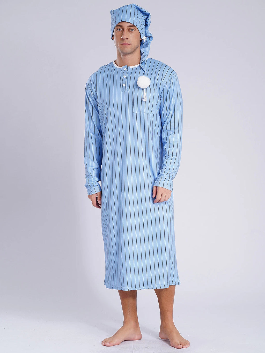 Men's Sissy Nightwear Loose Striped Robe Long Sleeve Nightshirt Cap Pajama Sets