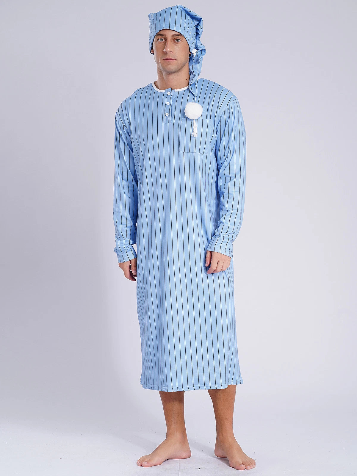 Men's Sissy Nightwear Loose Striped Robe Long Sleeve Nightshirt Cap Pajama Sets