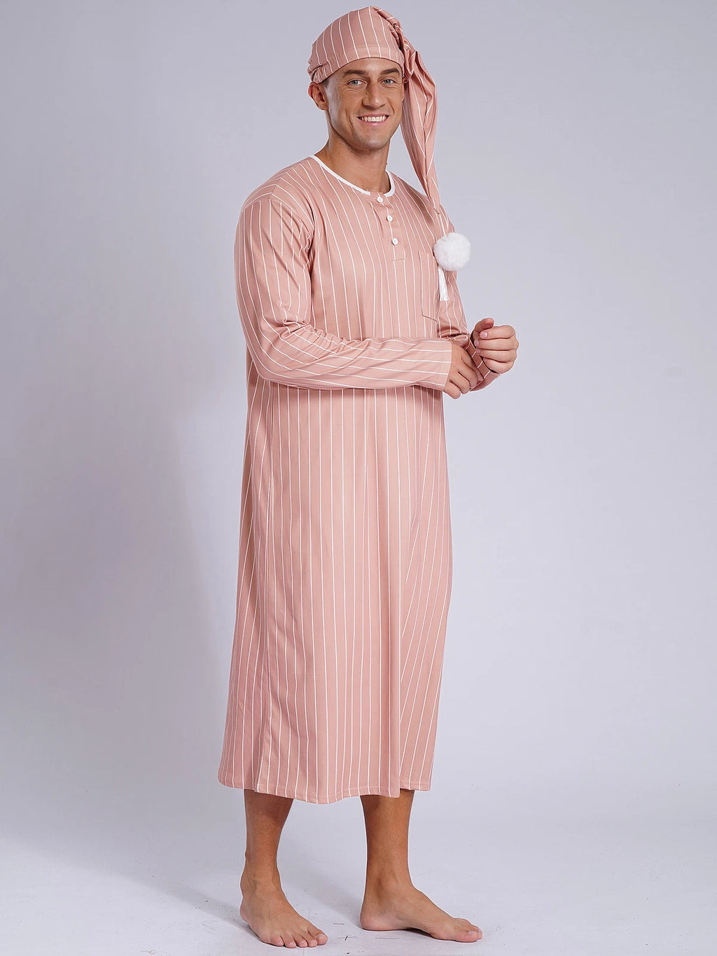 Men's Sissy Nightwear Loose Striped Robe Long Sleeve Nightshirt Cap Pajama Sets