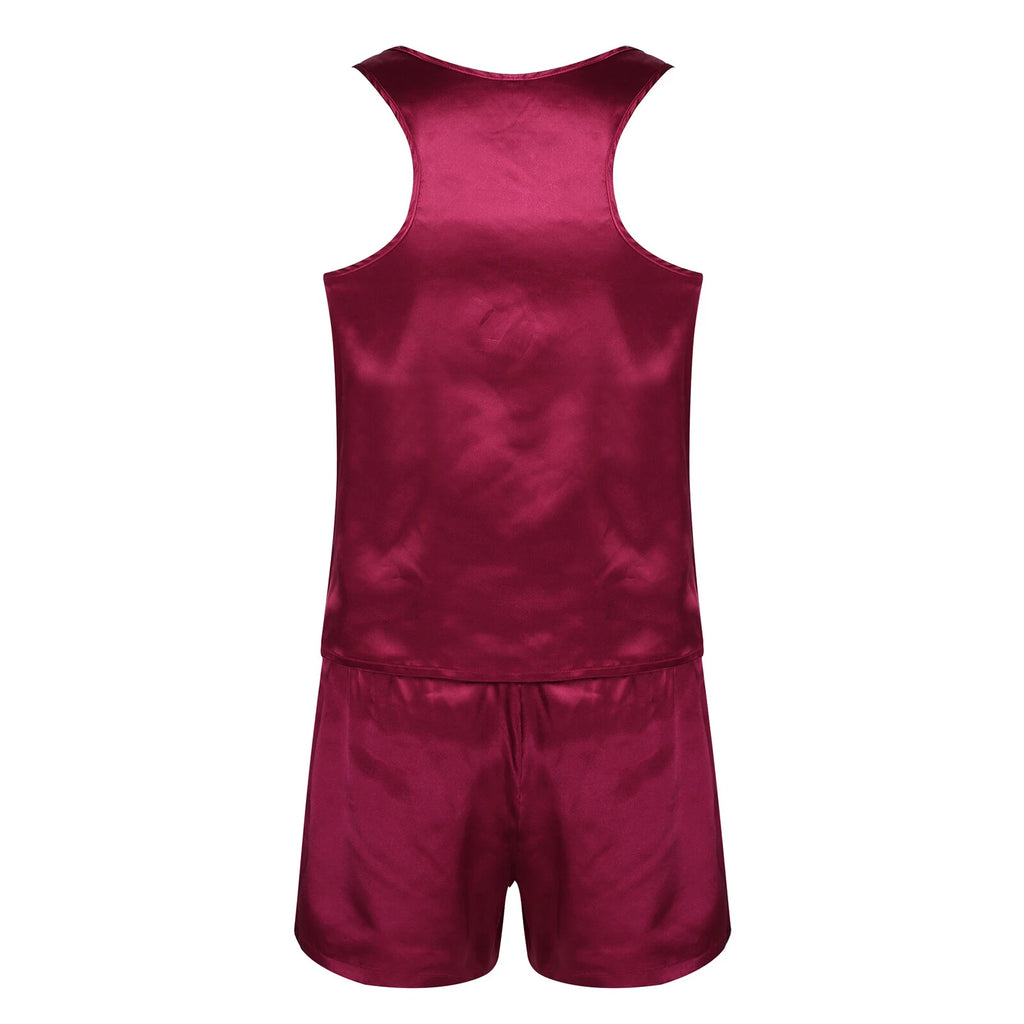 Mens Satin Pajamas Set Sleeveless Tank Top with Shorts Sleepwear Nightwear