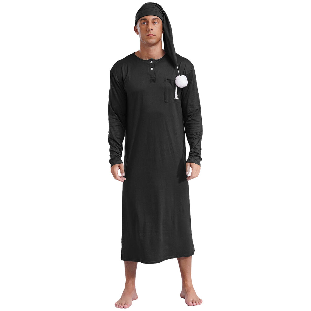 Men's Sissy Nightwear Loose Striped Robe Long Sleeve Nightshirt Cap Pajama Sets