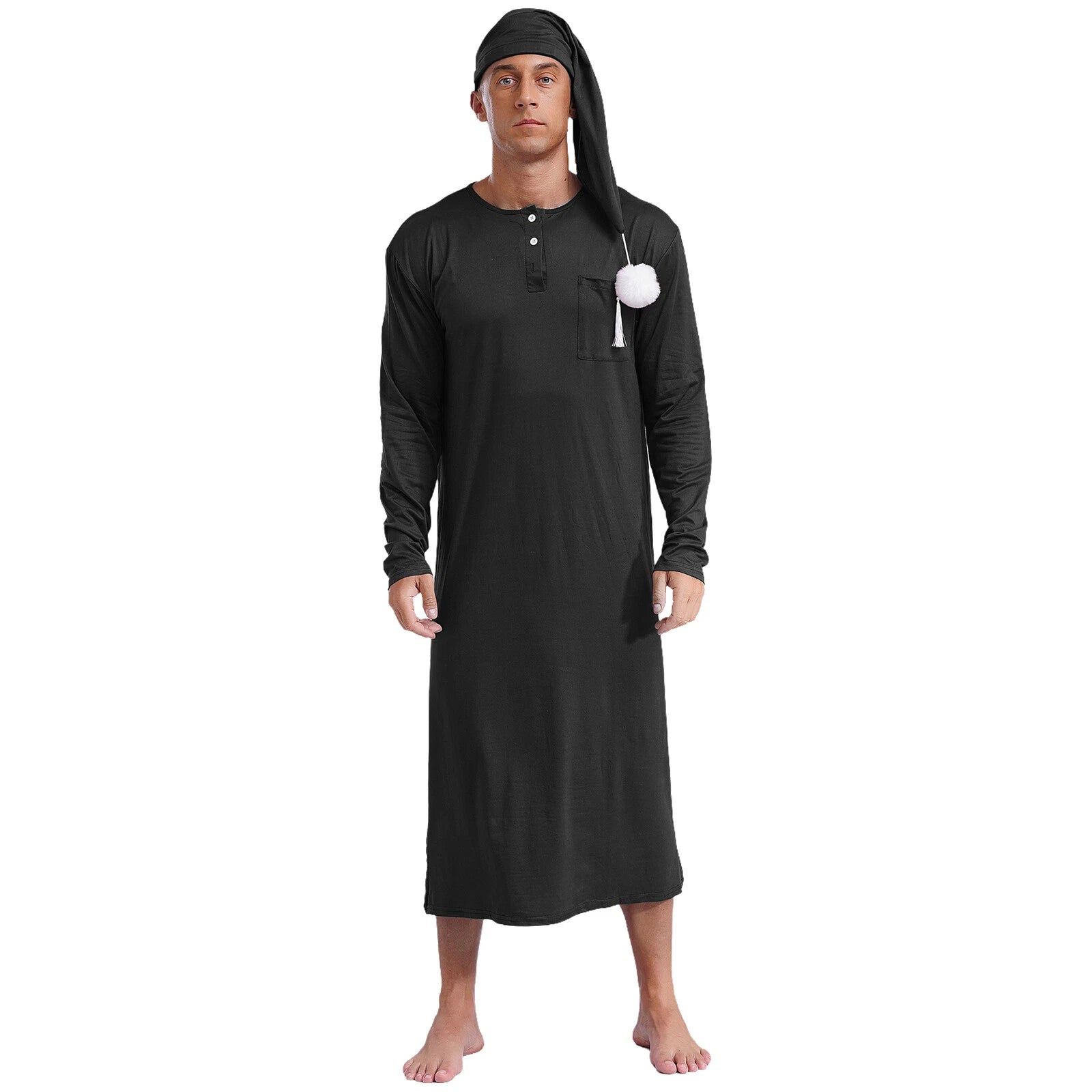 Men's Sissy Nightwear Loose Striped Robe Long Sleeve Nightshirt Cap Pajama Sets