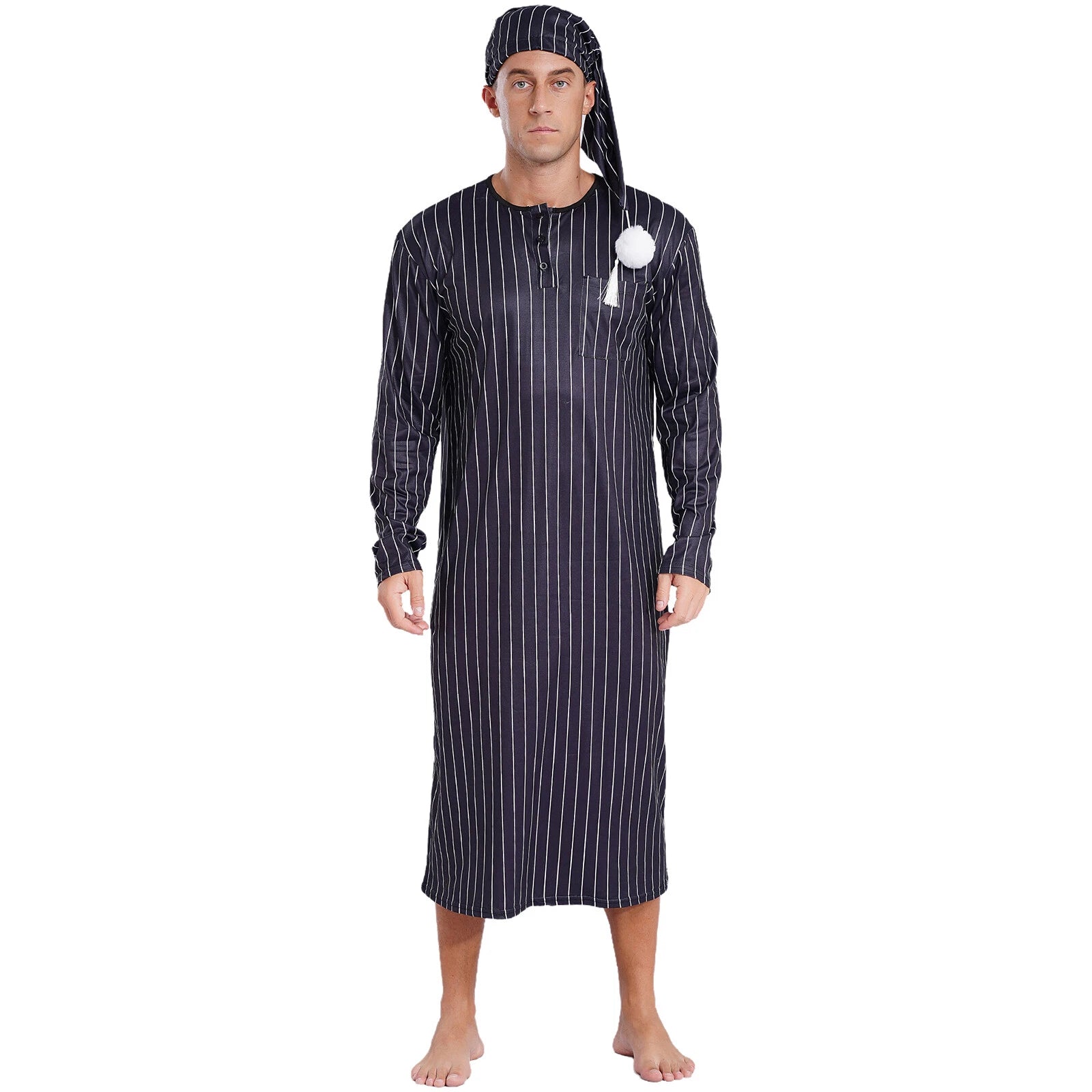 Men's Sissy Nightwear Loose Striped Robe Long Sleeve Nightshirt Cap Pajama Sets