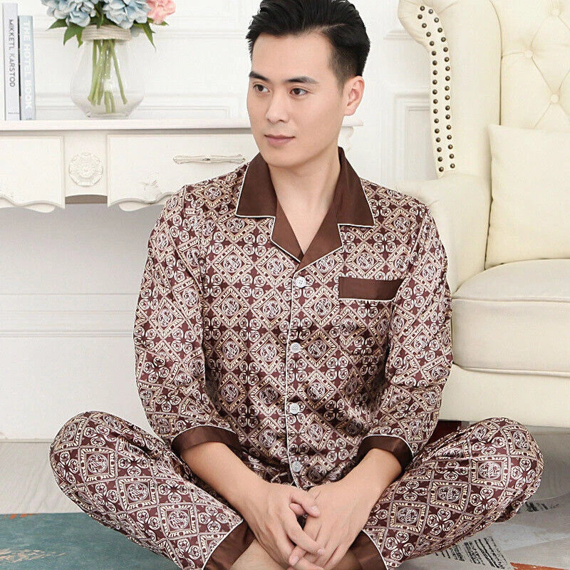 Men Silk Satin Pajamas Set Pyjamas Luxury Set Long Sleeve Sleepwear Loungewear*n