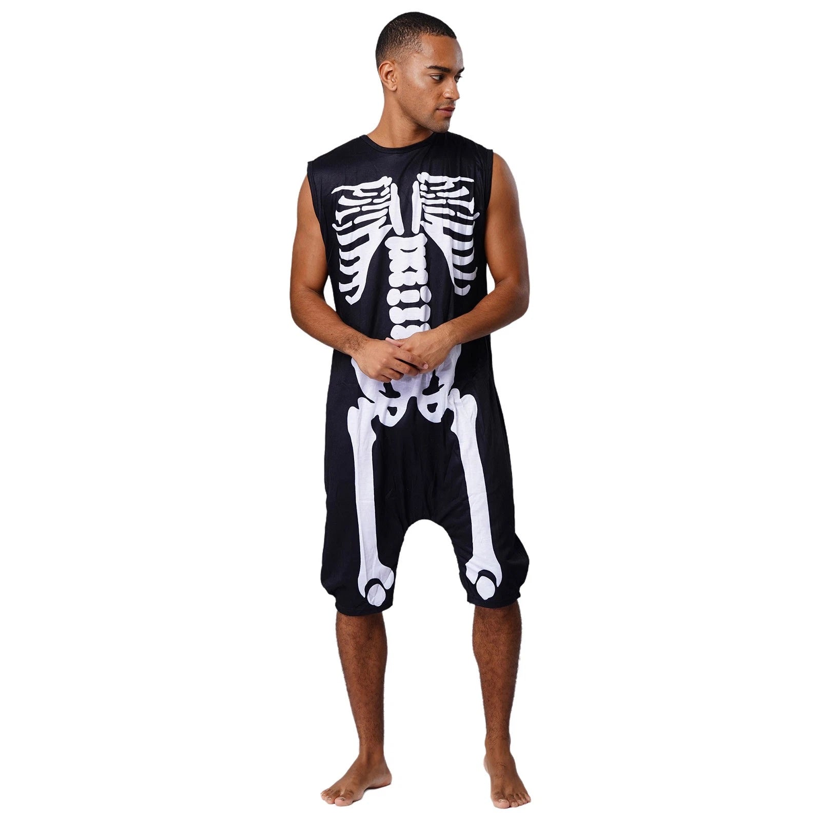 Men's Loose Romper Pajamas Jumpsuit Sleepwear Zipper Crotch One Piece Bodysuit