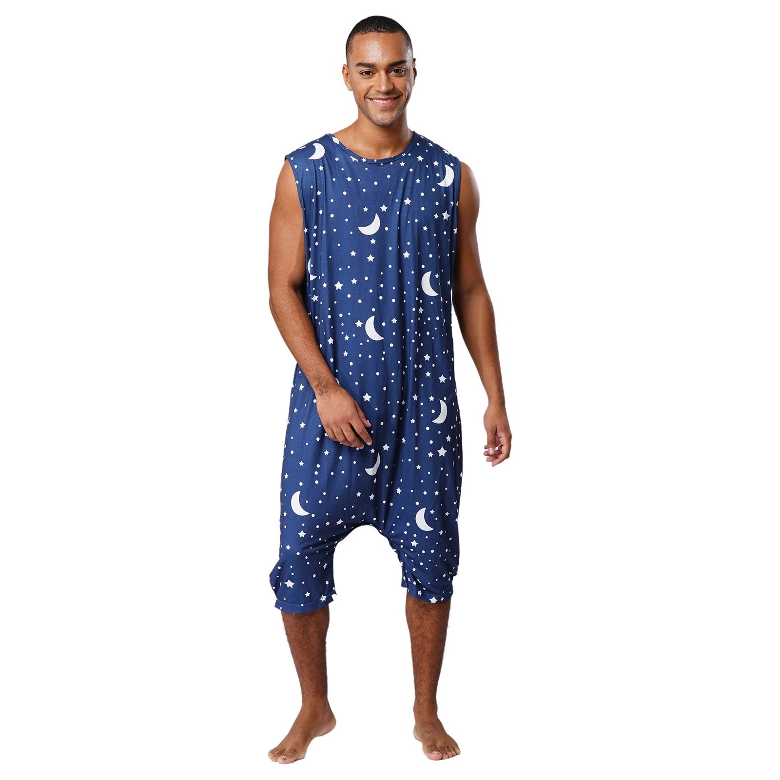 Men's Loose Romper Pajamas Jumpsuit Sleepwear Zipper Crotch One Piece Bodysuit
