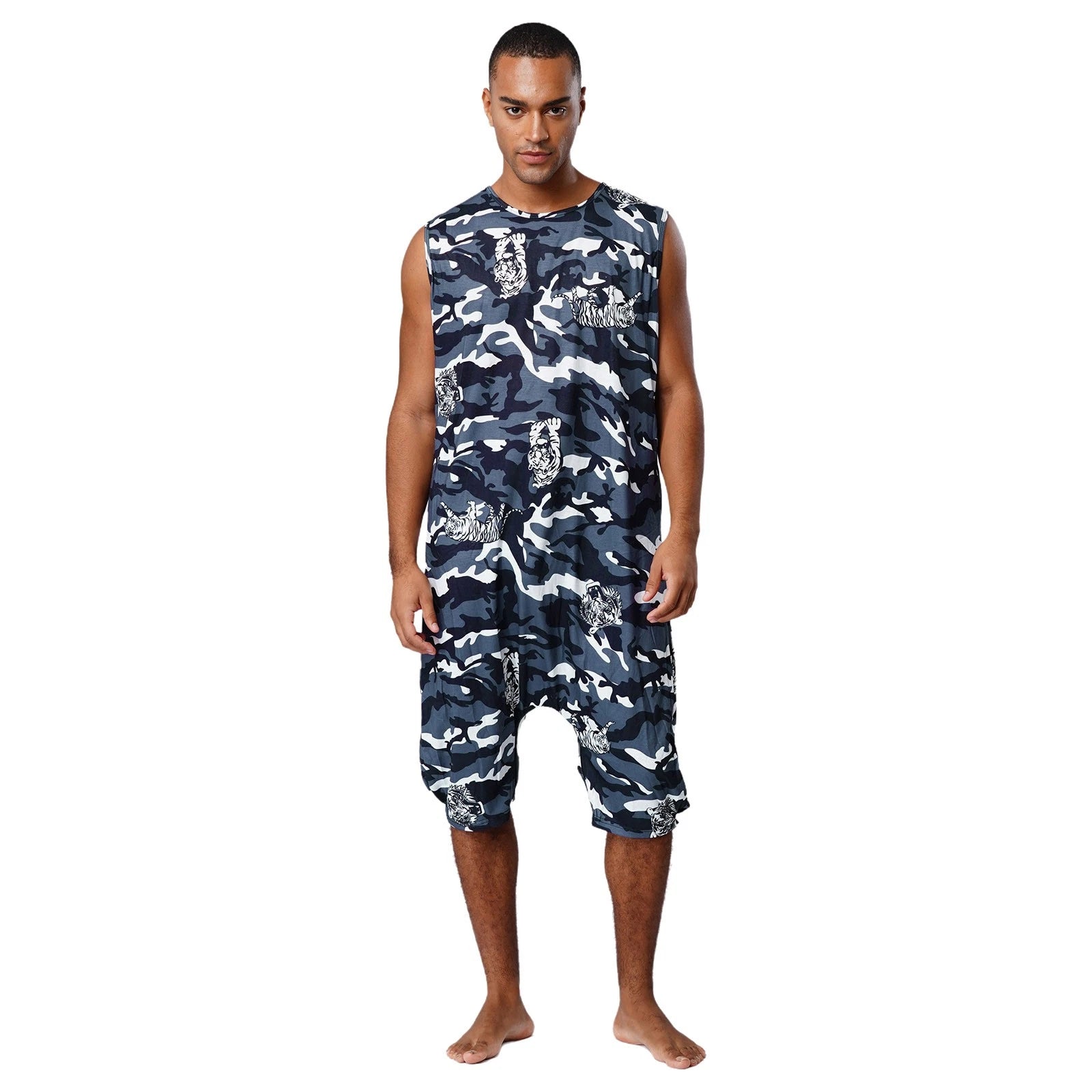 Men's Loose Romper Pajamas Jumpsuit Sleepwear Zipper Crotch One Piece Bodysuit