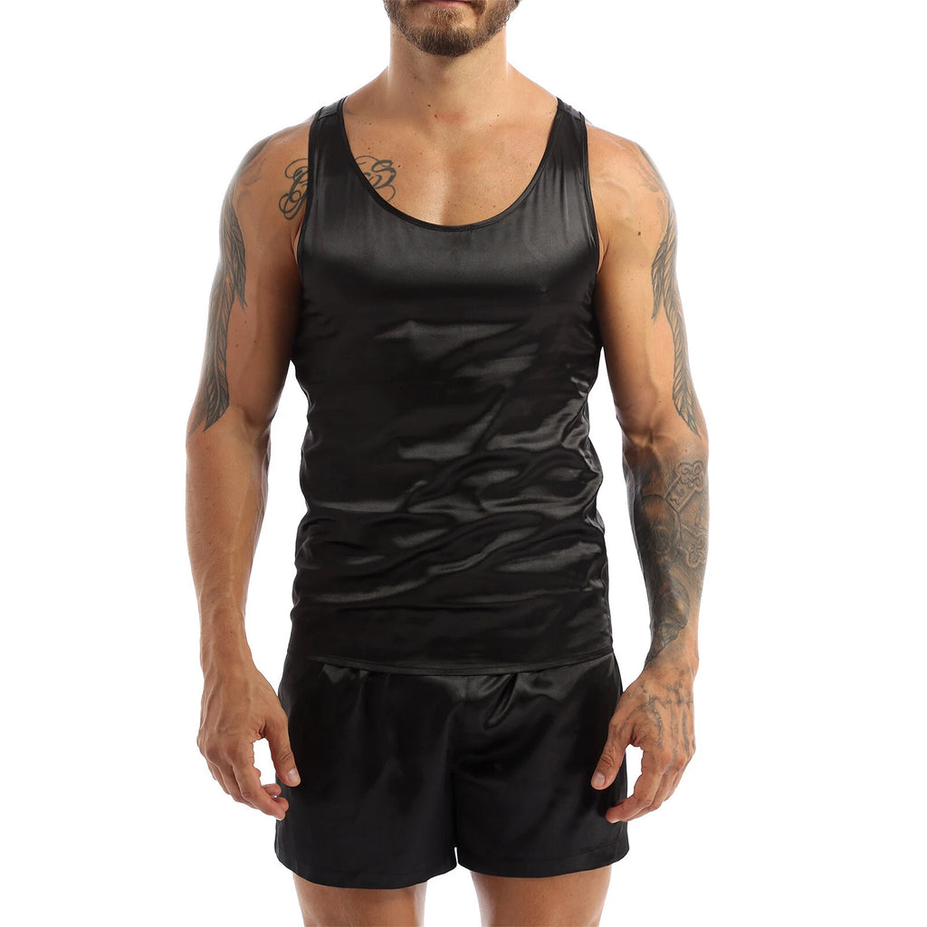 Mens Satin Pajamas Set Lounge Shorts Tank Top Silk Shirt Sleepwear Nightwear