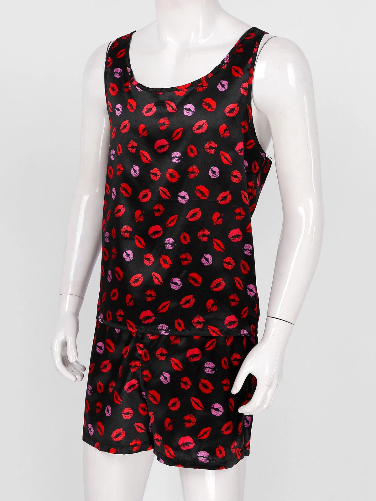 Mens Satin Pajamas Set Sleeveless Tank Top with Shorts Sleepwear Nightwear