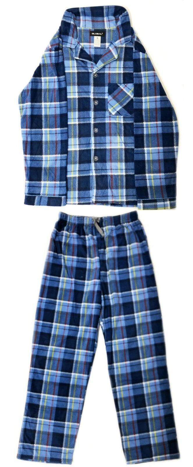 Men's Long Sleeve Pajama Lounge Set Comfortable PJ's Soft Fleece Plaid Sleepwear