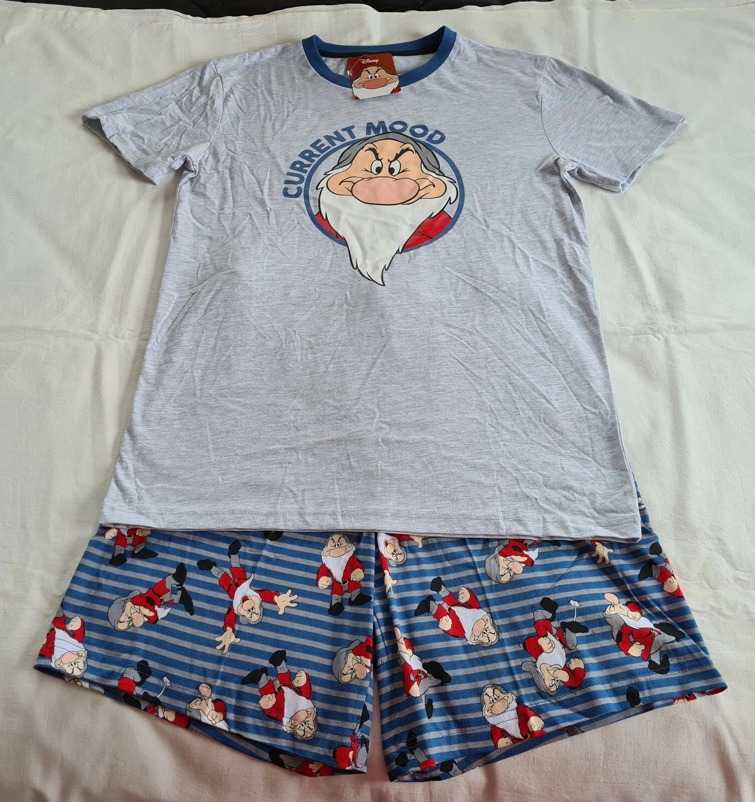 Disney Mens Current Mood Grumpy Grey Blue Printed 2 Piece Pyjama Set Size S New