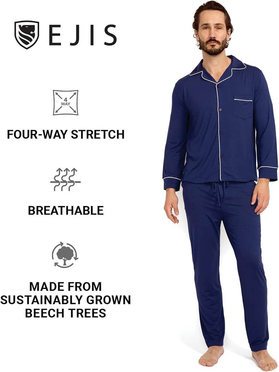 Ejis Men's Opulent Long Sleeve Micro Modal Navy Pajama Set