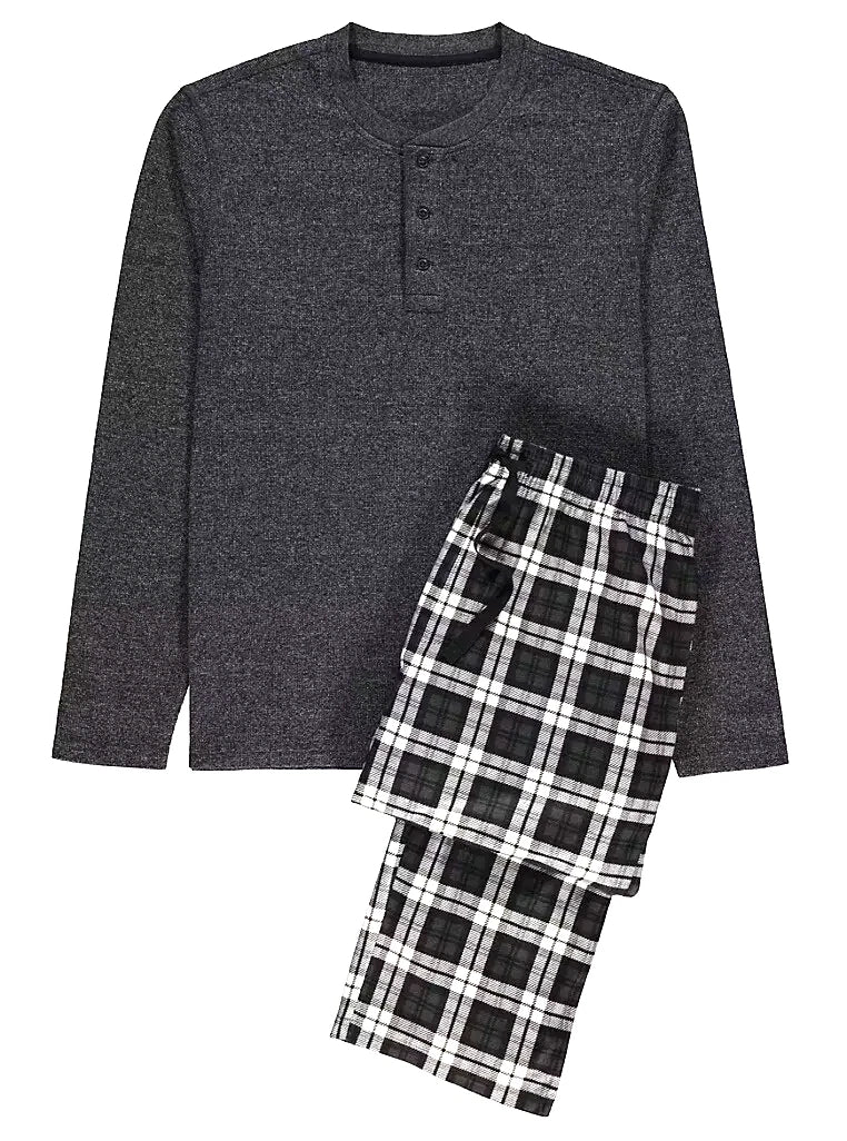 NEW George Mens Black Mix Long Sleeve Waffle Checked Loungewear Set Size 4XL