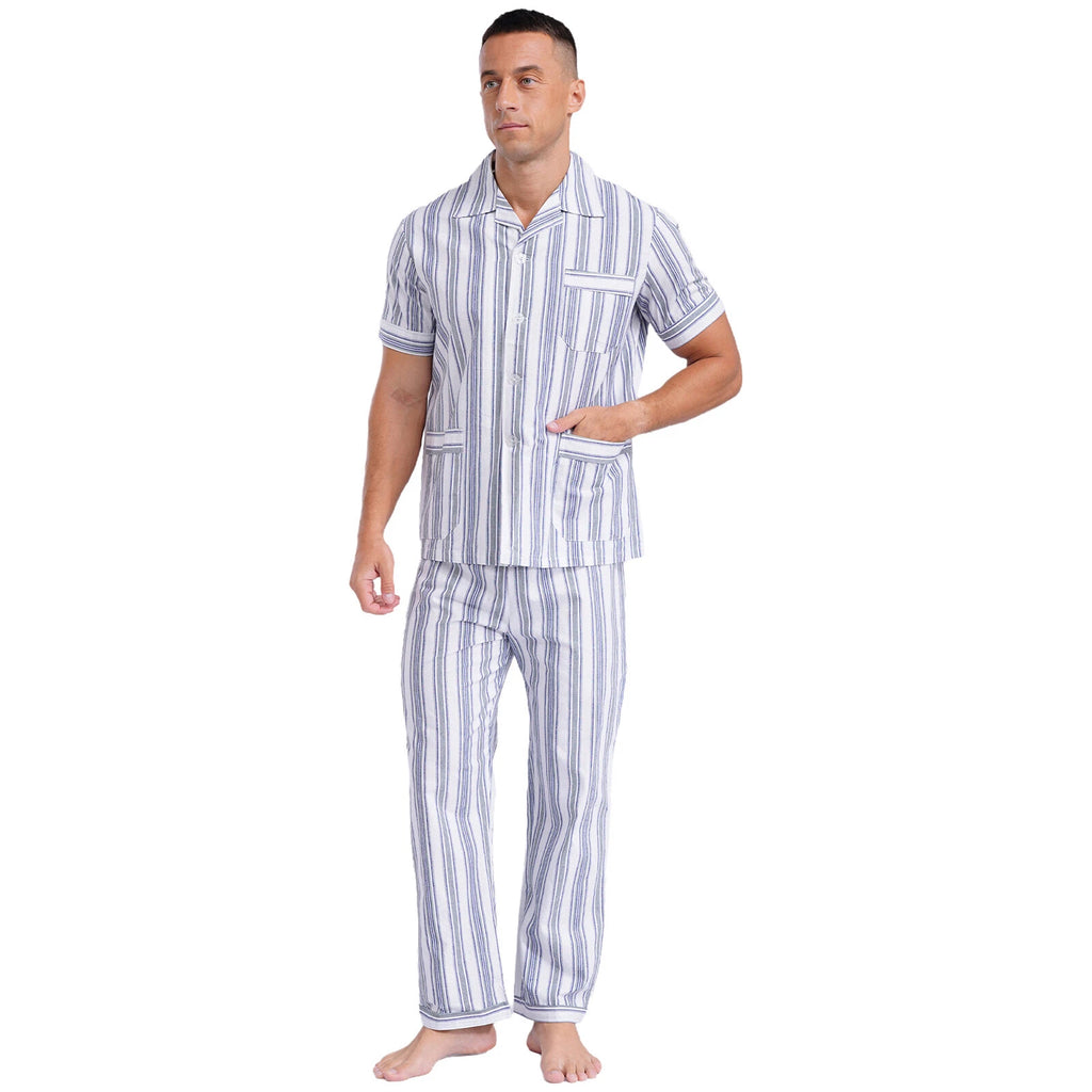 Mens Pajama Set Button Down Sleepwear Shirt Homewear Striped Nightgown Pockets