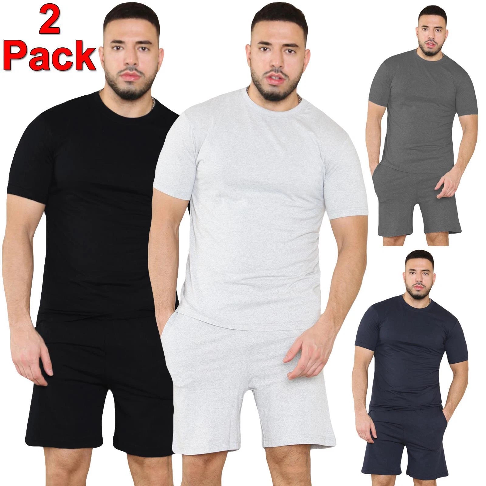 2 Pack Mens Pyjamas T Shirt Shorts Set Nightwear Loungewear Short Sleeve Pjs