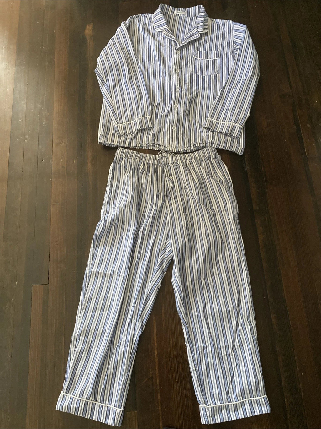 Latuza Men's Cotton 2 Piece Sleepwear Pajama Set L Blue White Stripe