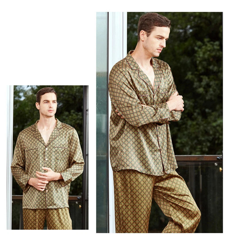 Men's 19MM Mulberry Silk Pajamas Set Print Silk Sleepwear S M L XL