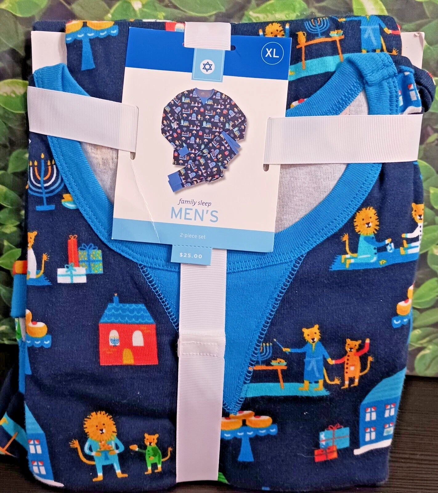 Hanukkah Menorah Men’s XL Blue  Pajama Set Dreidel Lion Jewish 100% Cotton NWT