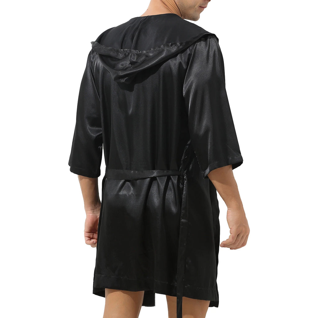 Mens Robes Silky Satin Hooded Bathrobe Luxurious Pyjama Set Nightgowns Sleepwear