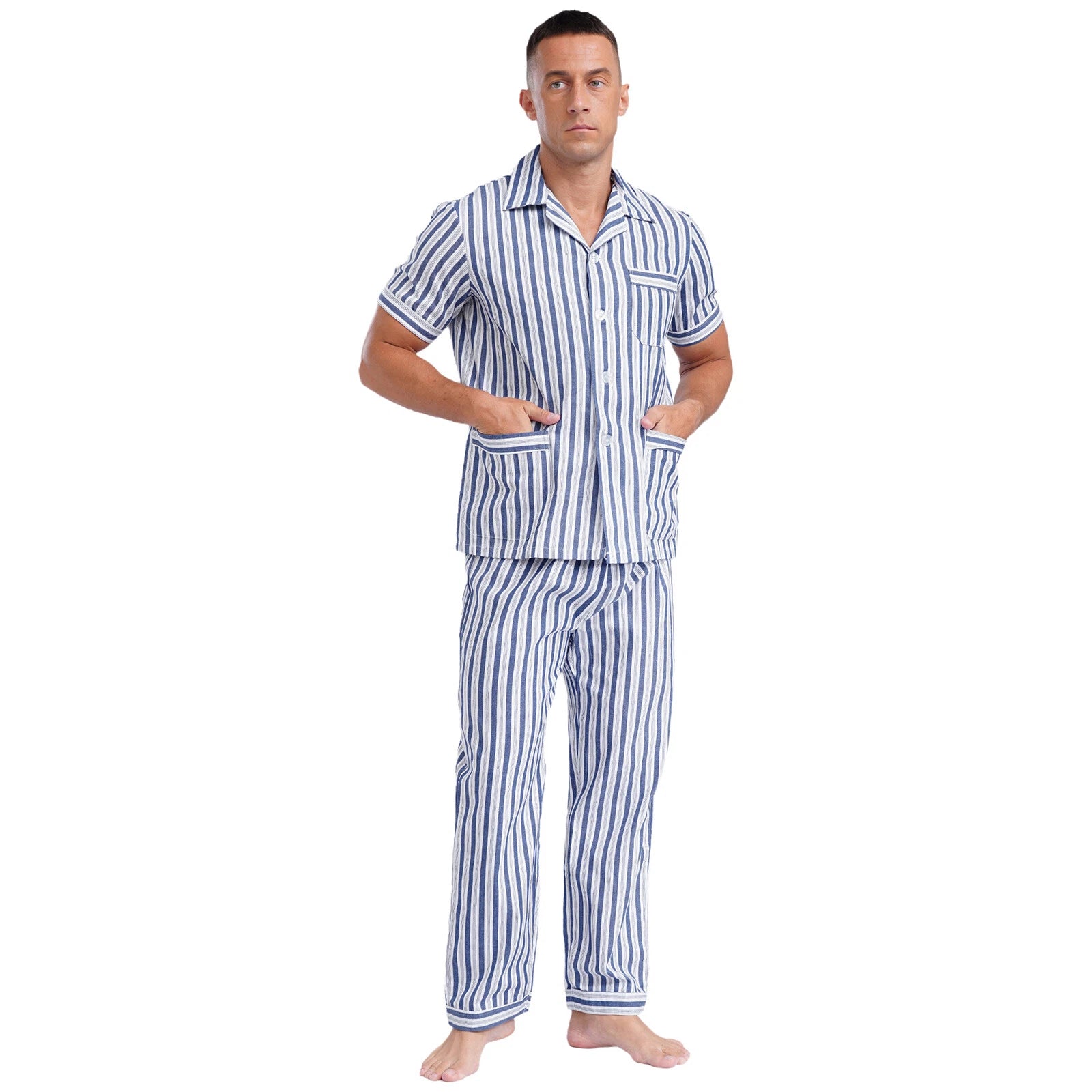 Mens Pajama Set Button Down Sleepwear Shirt Homewear Striped Nightgown Pockets