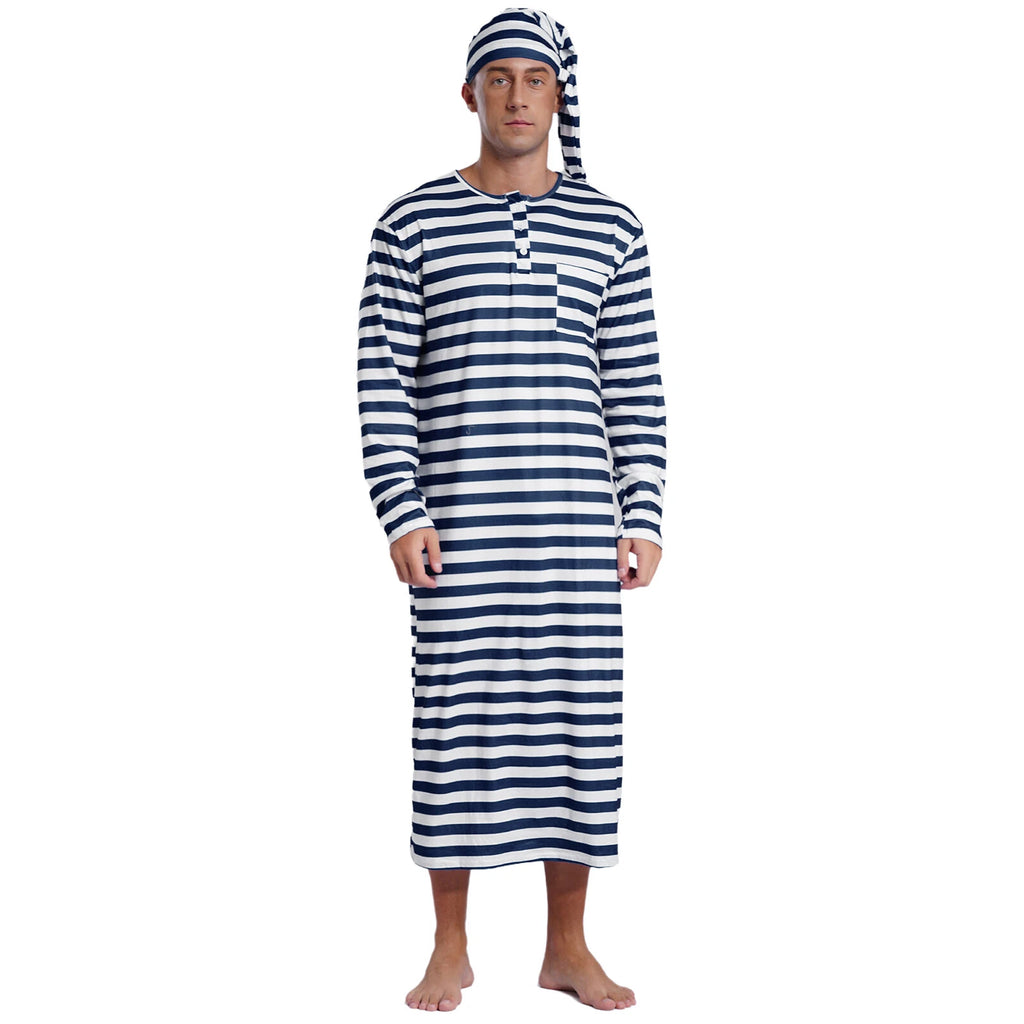 Men's Nightshirt Striped Loose Sleepwear Night Pajama Set Robe with Sleeping Cap