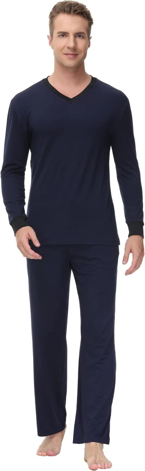 INK+IVY Men Sleepwear Pajama Set Cuffed Long Sleeve V-Neck T-Shirt BLUE