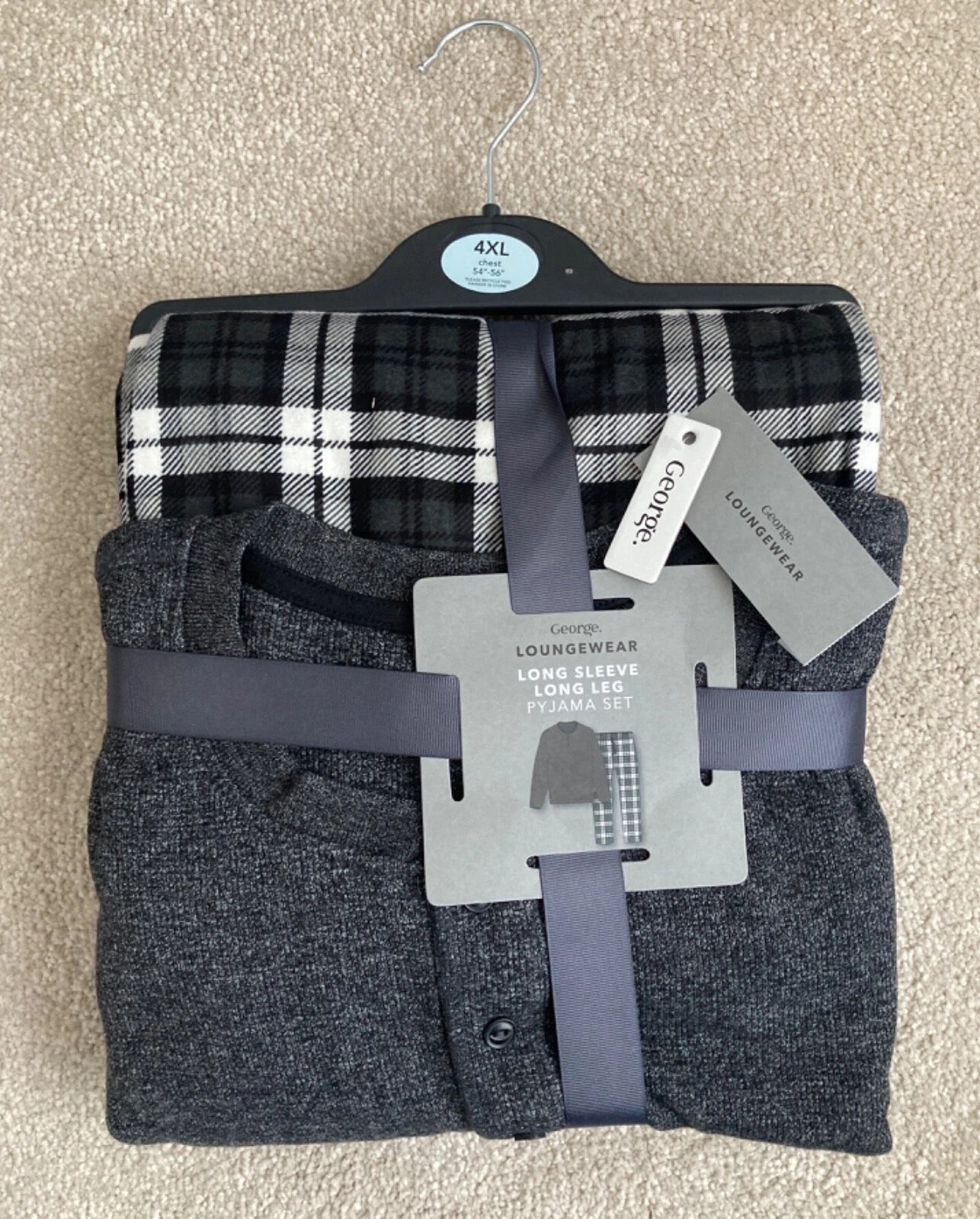 NEW George Mens Black Mix Long Sleeve Waffle Checked Loungewear Set Size 4XL