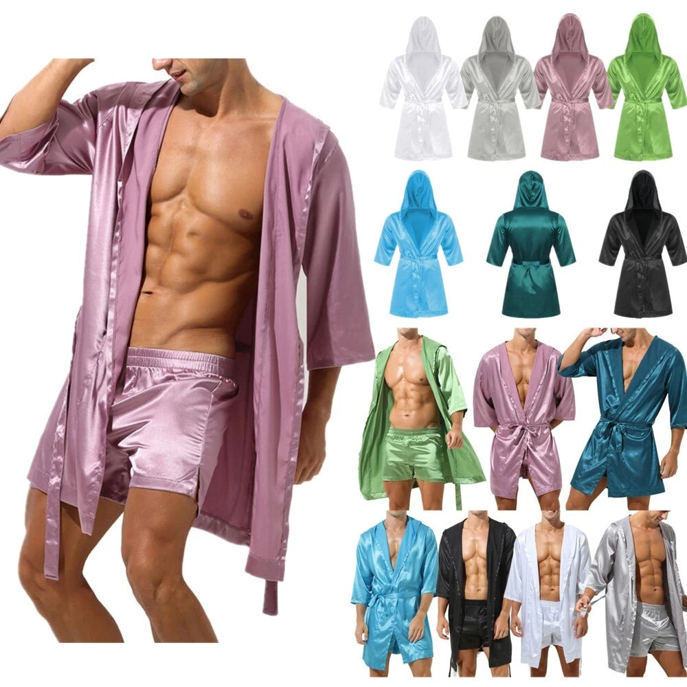 Men's Silk Satin Pajamas Hooded Bathrobe with Belted Set Bath Robe Sleepwear