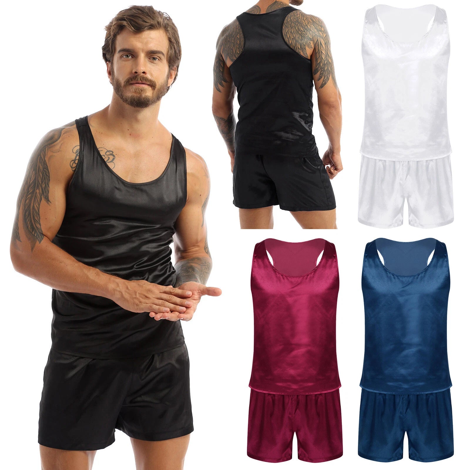 Mens Satin Pajamas Set Lounge Shorts Tank Top Silk Shirt Sleepwear Nightwear