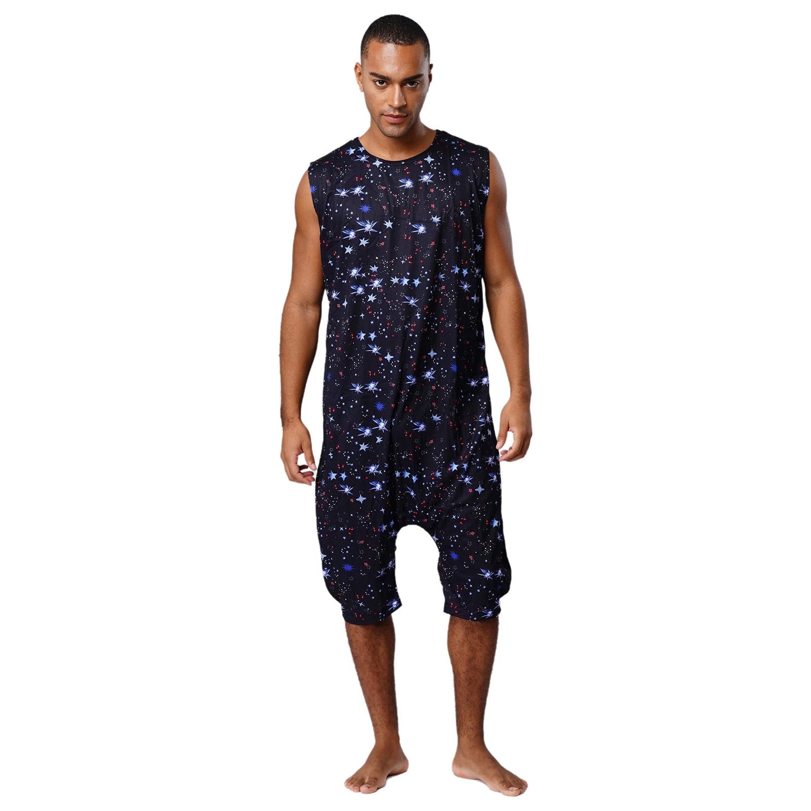 Men's Loose Romper Pajamas Jumpsuit Sleepwear Zipper Crotch One Piece Bodysuit
