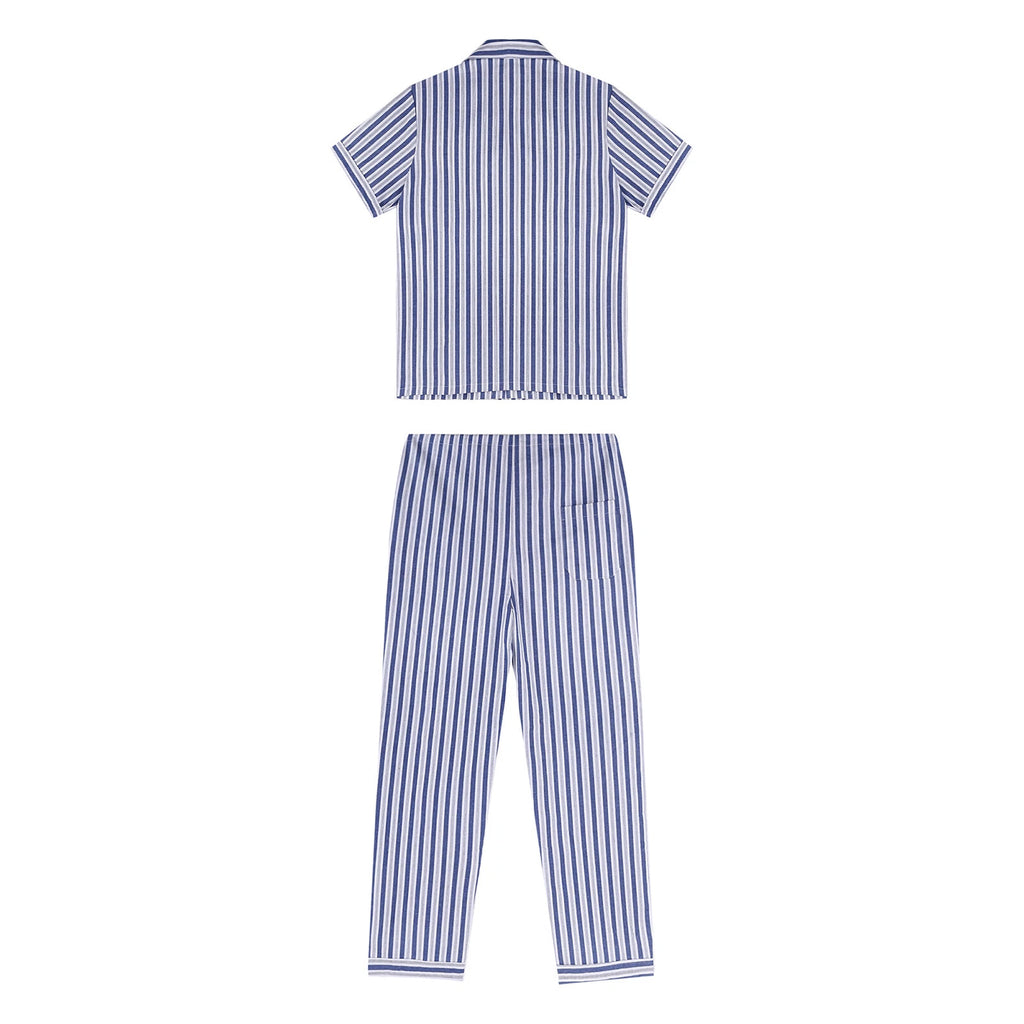 Mens Pajama Set Button Down Sleepwear Shirt Homewear Striped Nightgown Pockets