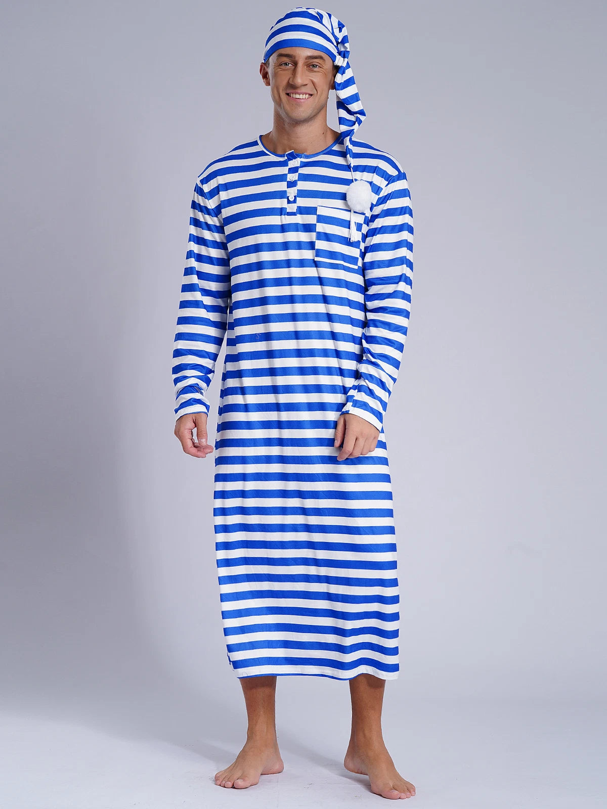 Men's Nightshirt Striped Loose Sleepwear Night Pajama Set Robe with Sleeping Cap