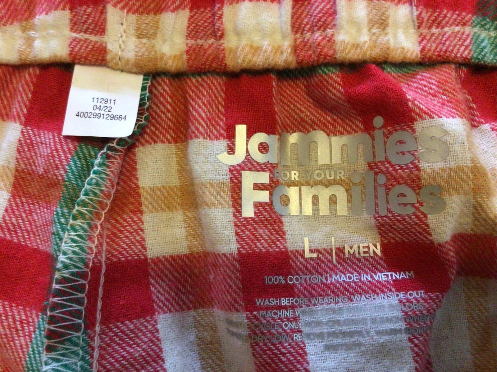 Jammies Families Mens Size L Pajama Set Red Green Plaid Flannel Pants Knit Top