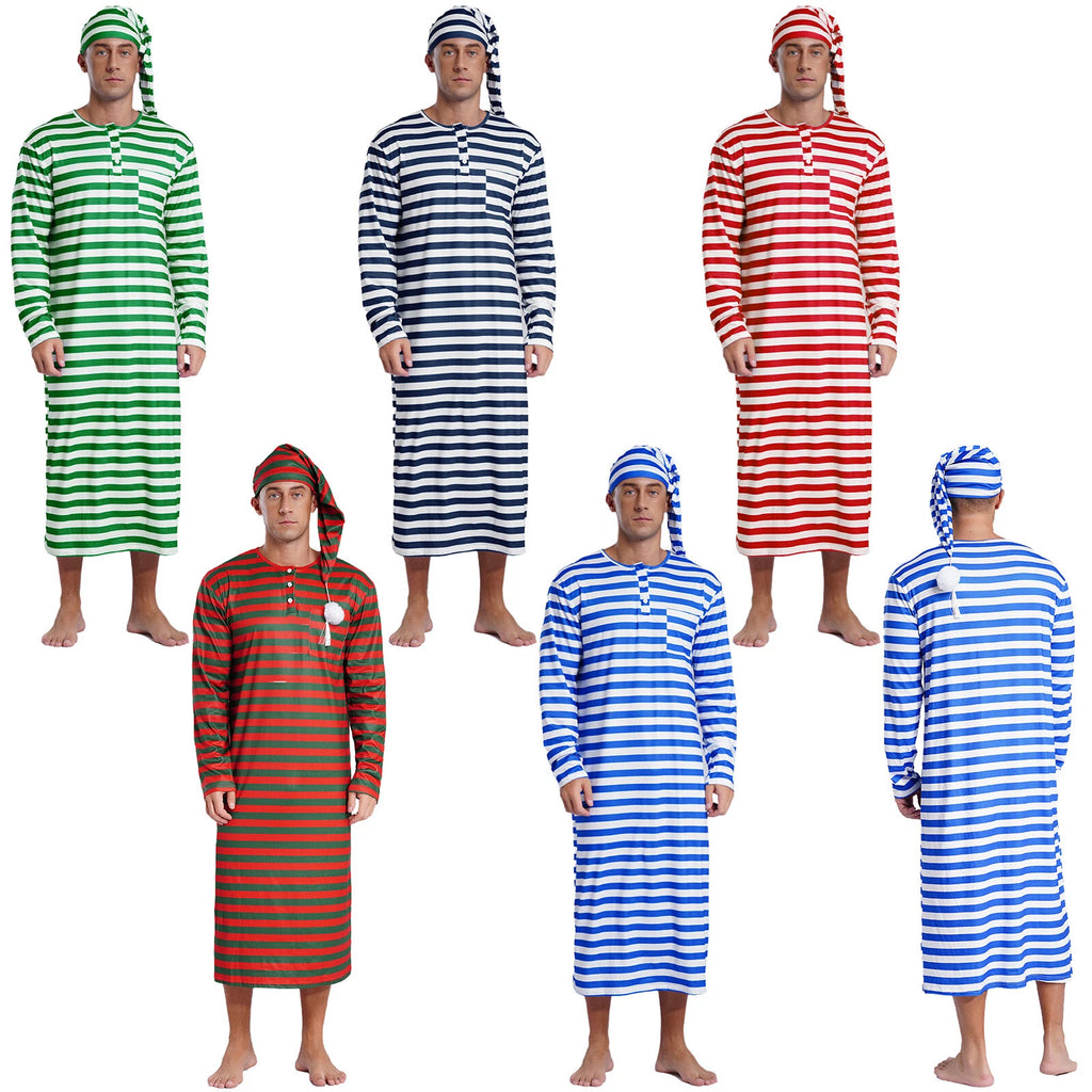 Men's Nightshirt Striped Loose Sleepwear Night Pajama Set Robe with Sleeping Cap