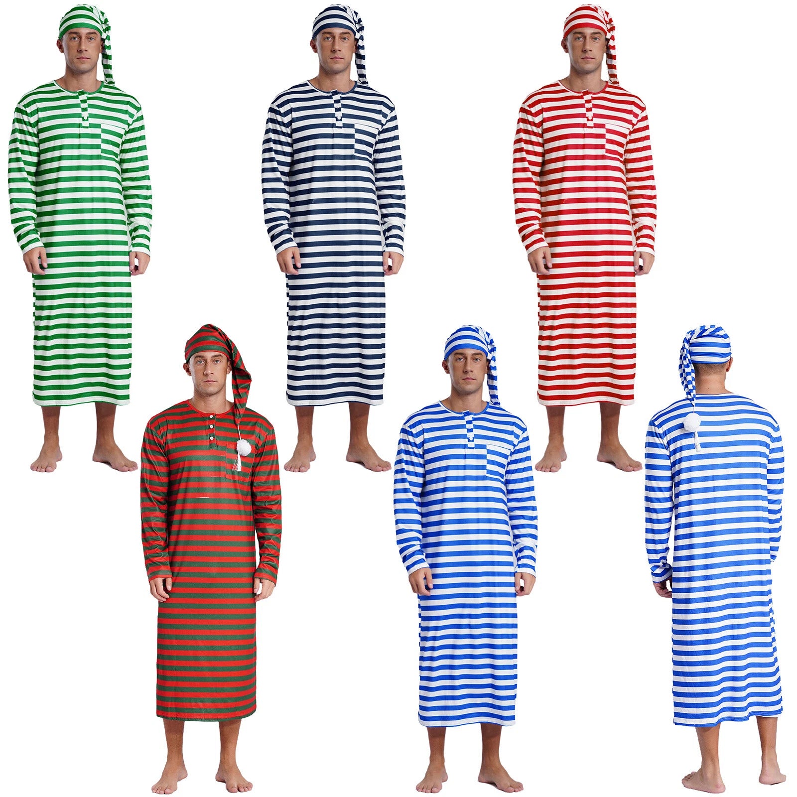 Men's Nightshirt Striped Loose Sleepwear Night Pajama Set Robe with Sleeping Cap
