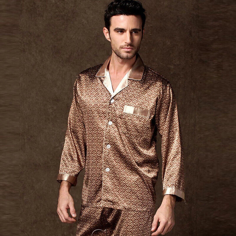 Men Silk Satin Pajamas Set Pyjamas Luxury Set Long Sleeve Sleepwear Loungewear*n